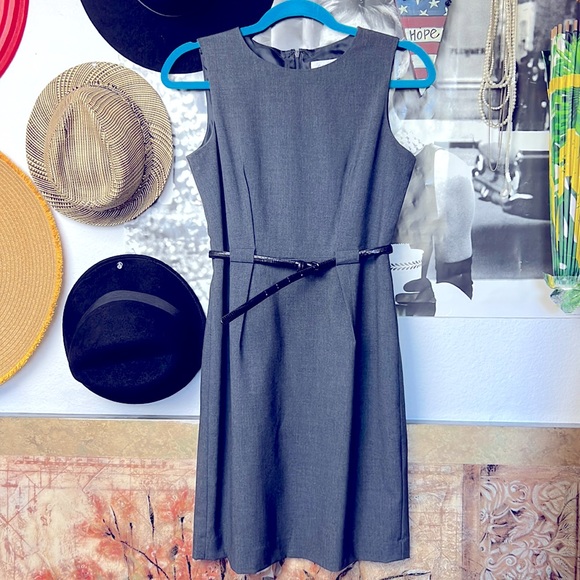 Calvin Klein Charcoal Belted Pencil Dress Size Petite 6 sleeveless back zip - Picture 1 of 13